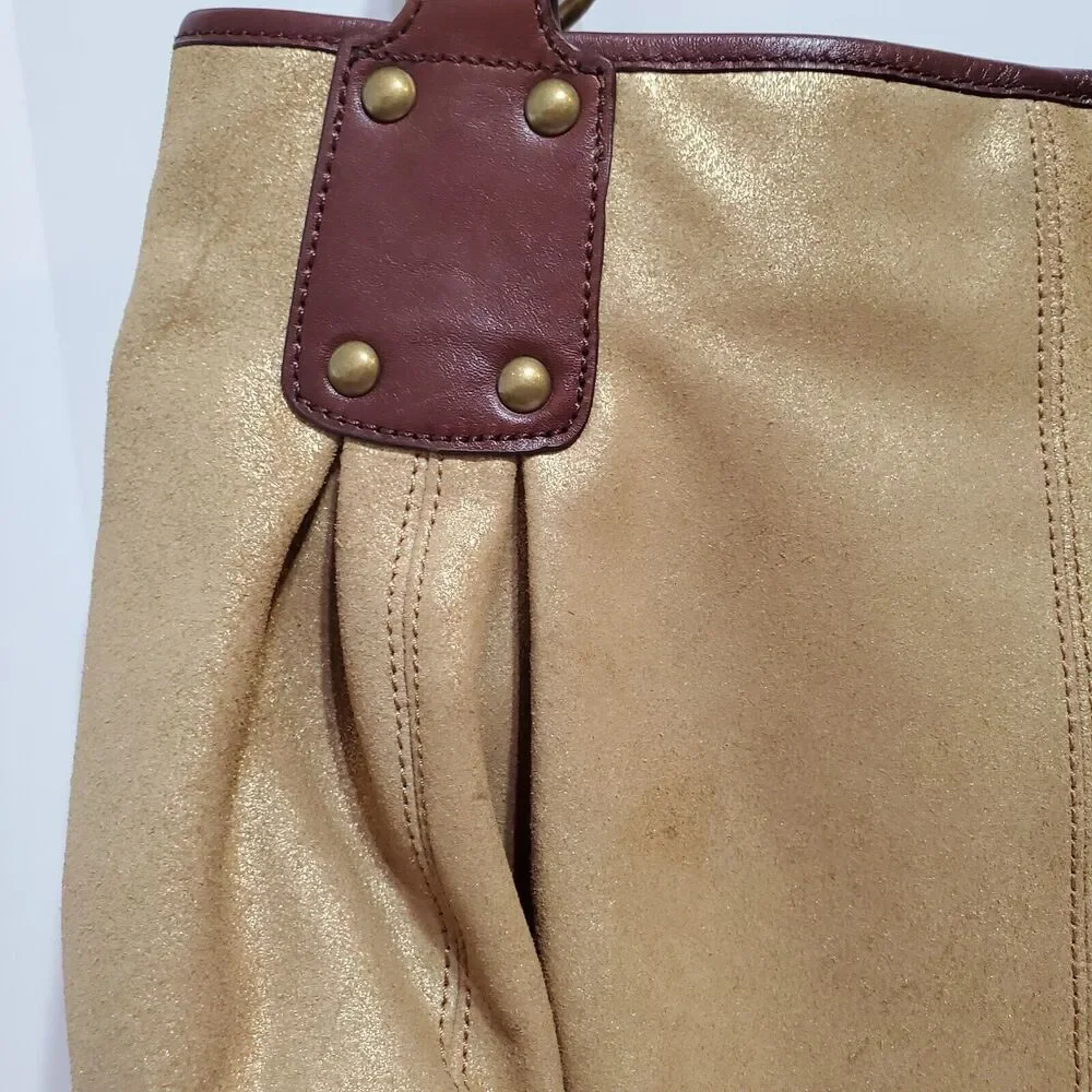 TANO‎ Shoulder Hobo Bag Womens gold Suede Leather Woven Handle Brown brass